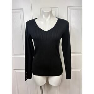 Elie Tahari Black Ribbed Long Sleeve Women's Sweater V-Neck Size L NWT Pullover